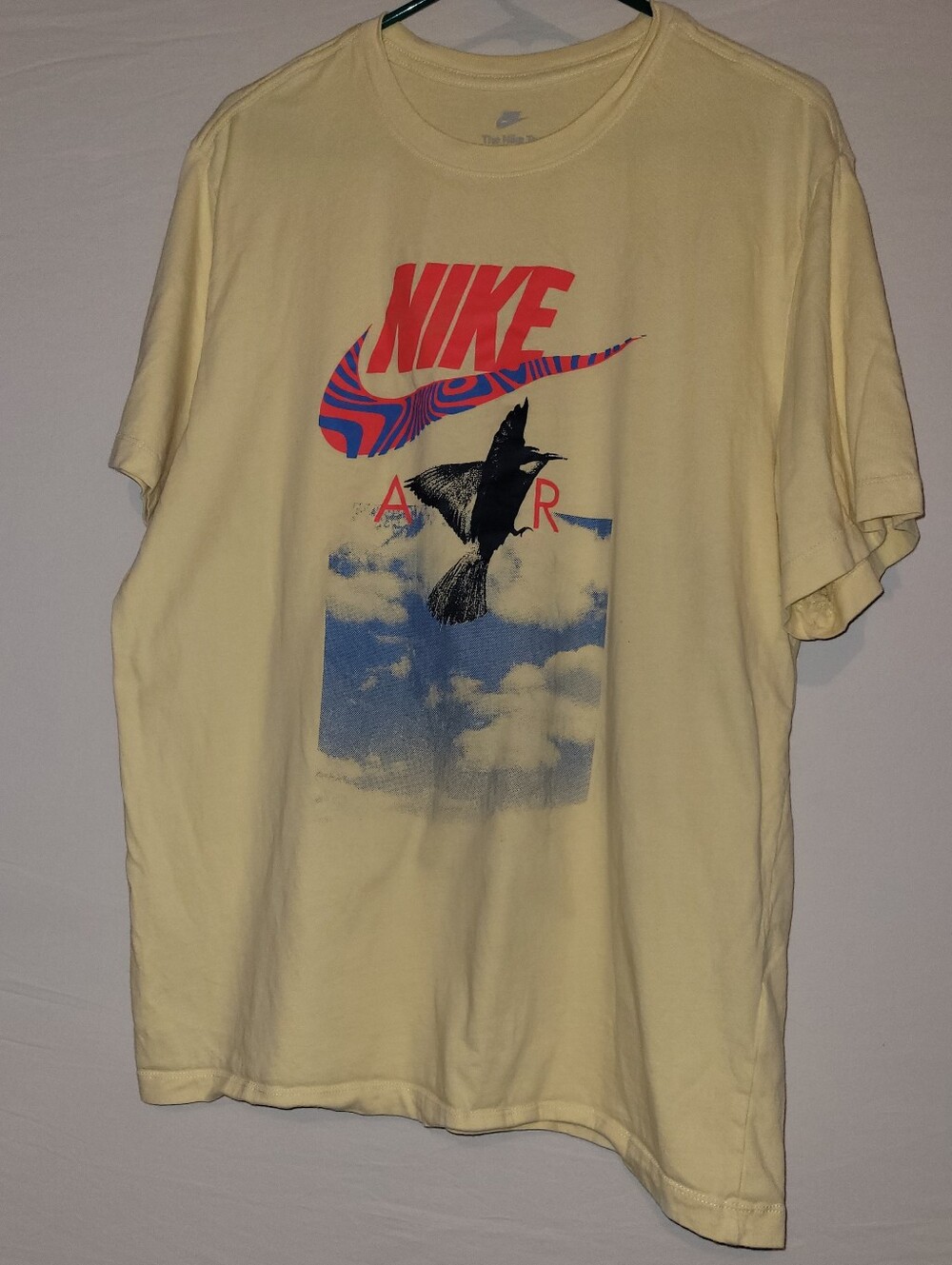 Nike Short Sleeve Yellow Tee with Red & Blue Air Graphic, XL
